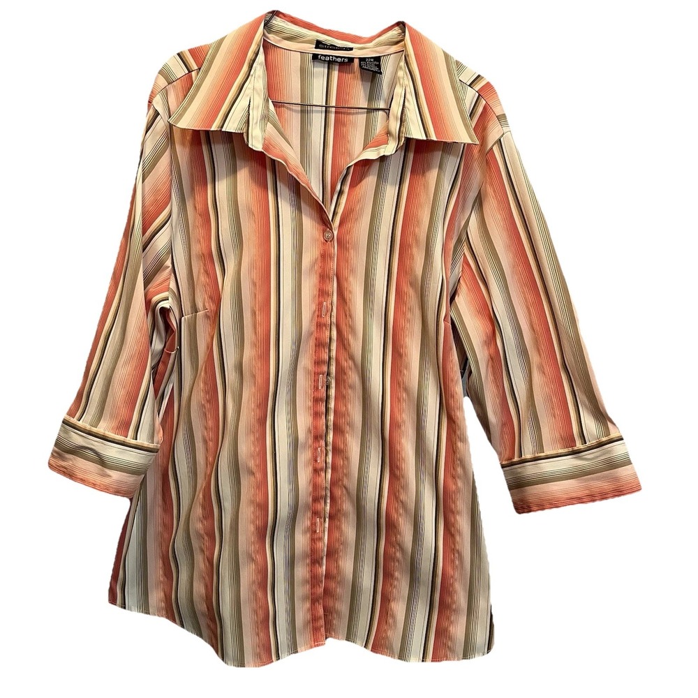Women's Feathers Stretch 22w 3/4 Sleeve Peach & Coral‎ Stripe Blouse Top Shirt